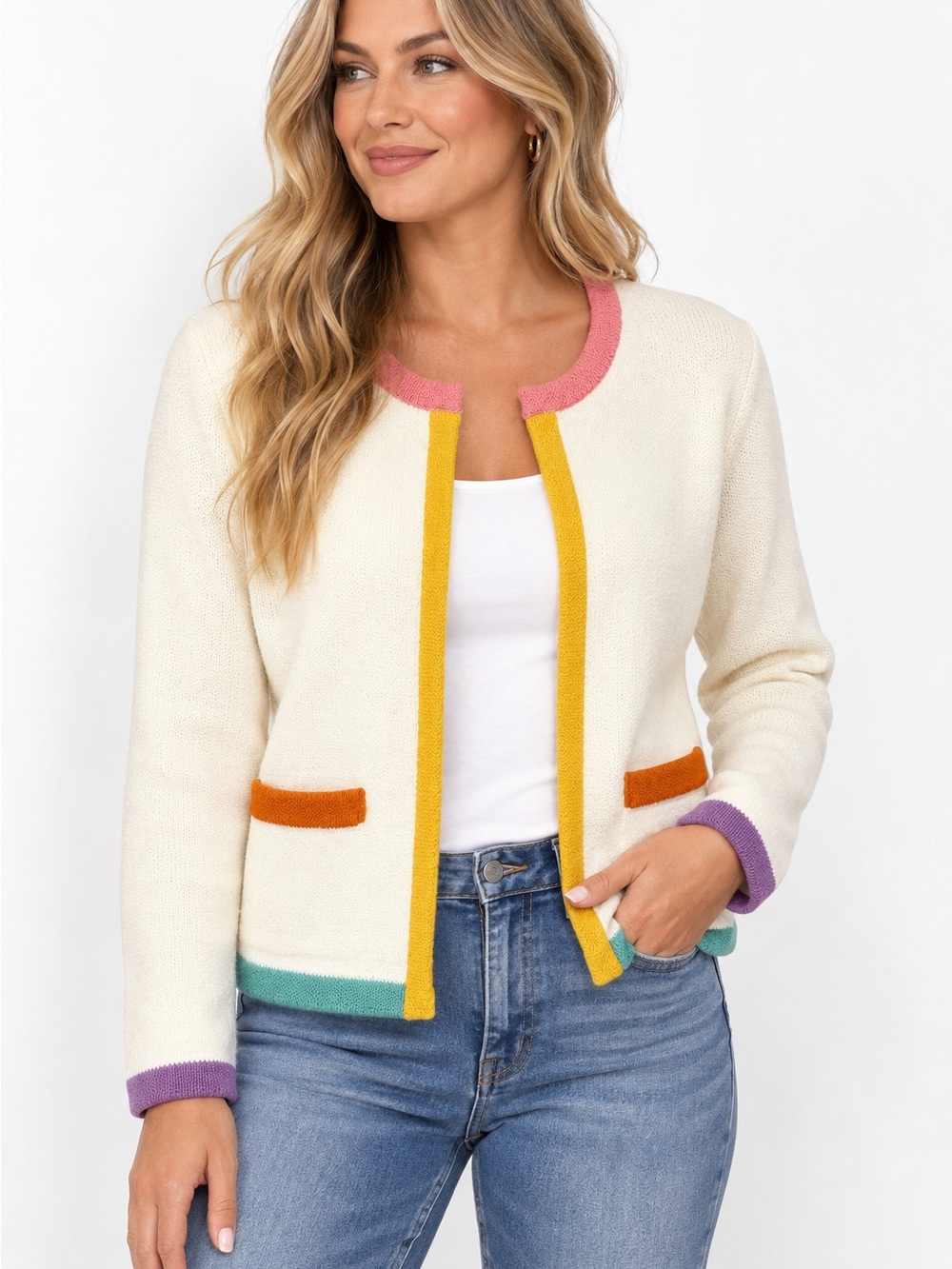 English Factory Cream Contrast-Trim Crewneck Cardigan Sweater NWOT